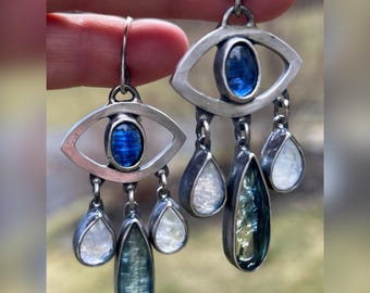 Stormy Weather long Earrings. Blue, Eye, Rain, Tears, Evil Eye, Raw, Organic, Wabi Sabi, Boho, Bohemian.