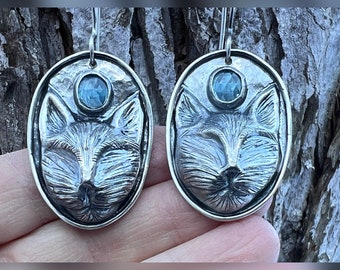 Blind Cats in Love Earrings. Fine Silver, Swiss Blue Topaz. Primitive, Raw, Organic, Earthy, Wabi Sabi, Boho, Bohemian, One of a Kind