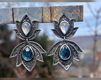 Winter Queen Jewels Earrings.  Raw, Organic, Earthy, Wabi Sabi, Blue, Flowers, Lotus, Boho, Bohemian, Frozen, Cold