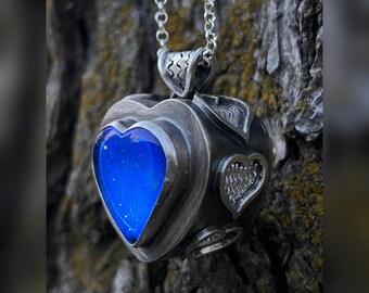 Blue Heart Lantern Locket. Raw, Organic, Earthy, Boho, Bohemian, Witchcraft, Light, Darkness, Wabi Sabi, Meditation, Zen