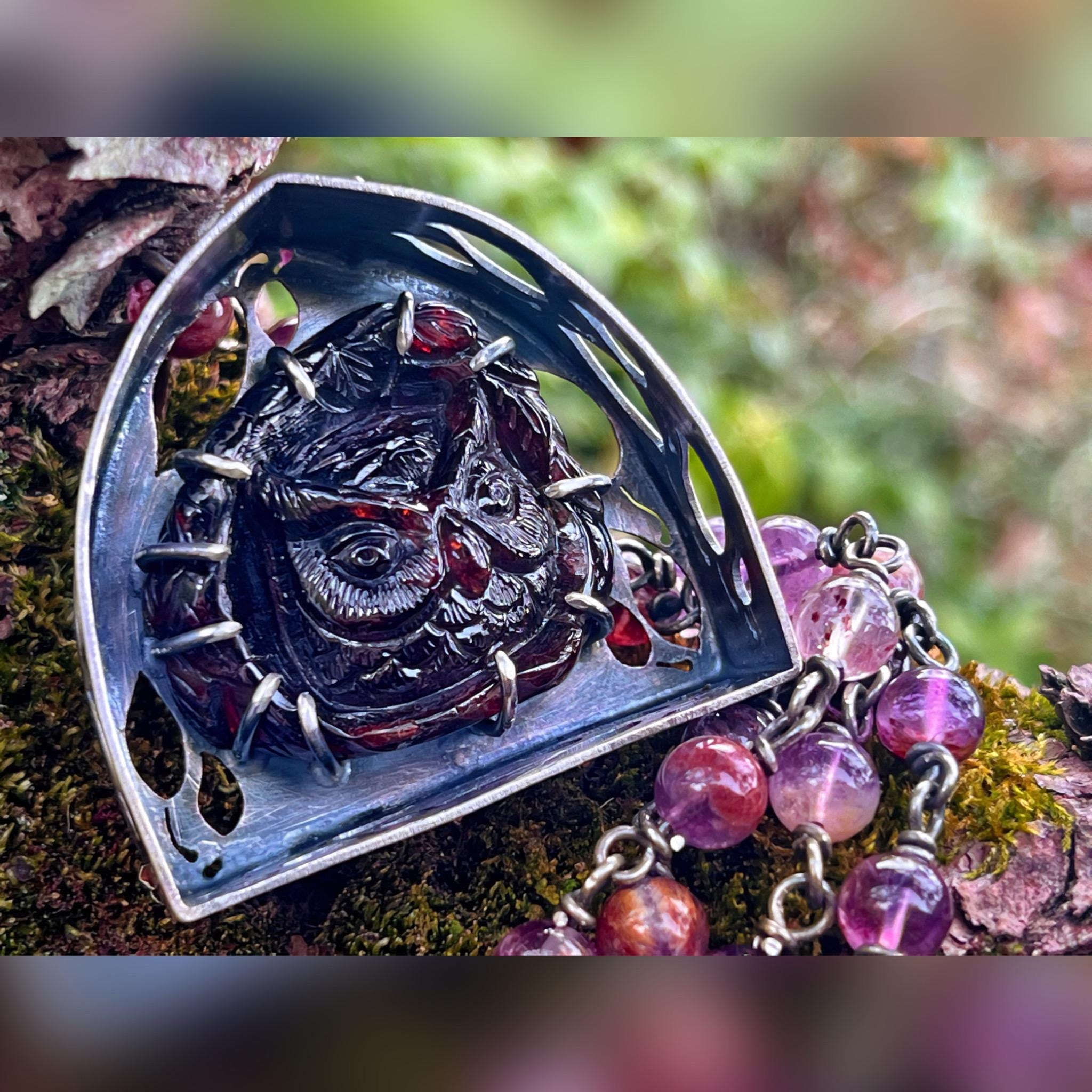 The Storyteller Owl Necklace.  Red, Purple, Raw, Organic, Earthy, Wabi Sabi, Amulet, Talisman, Boho,