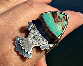 Turquoise Fish Ring. Artisan Sterling Silver. Primitive, Tribal, Organic, Raw, Boho, Bohemian, Raw, Amulet, Talisman, Totem.