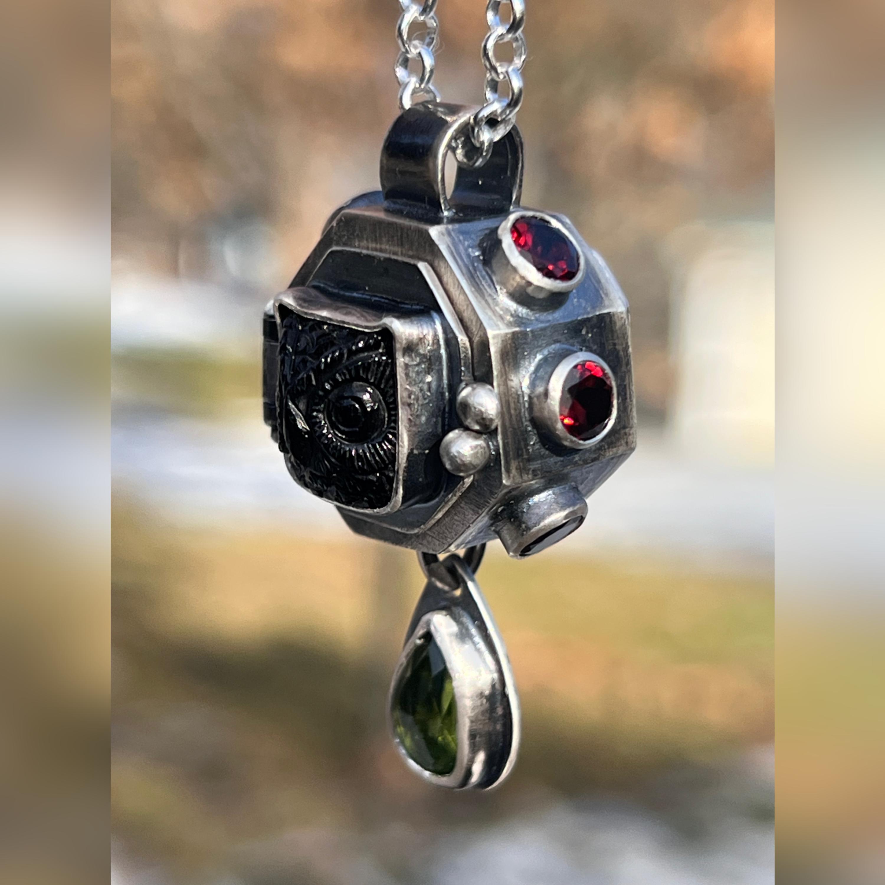 Forest Owl Pillbox Locket. Green, Red, Raw, Organic, Earthy, Wabi Sabi, Boho, Bohemian, Keepsake, Wi