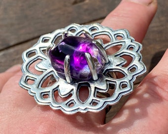 Purple Flower Lace Moroccan Amethyst Ring. Artisan Sterling Silver. Primitive, Raw, Organic, Tribal, Boho, Bohemian, Wabi Sabi, Garden