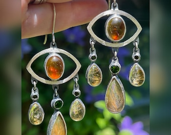 Evil Eye Earrings. Long, Orange, Green, Yellow, Olive. Raw, Organic, Earthy, Boho, Bohemian, Wabi Sabi. Summer, Sunlight, Tears.