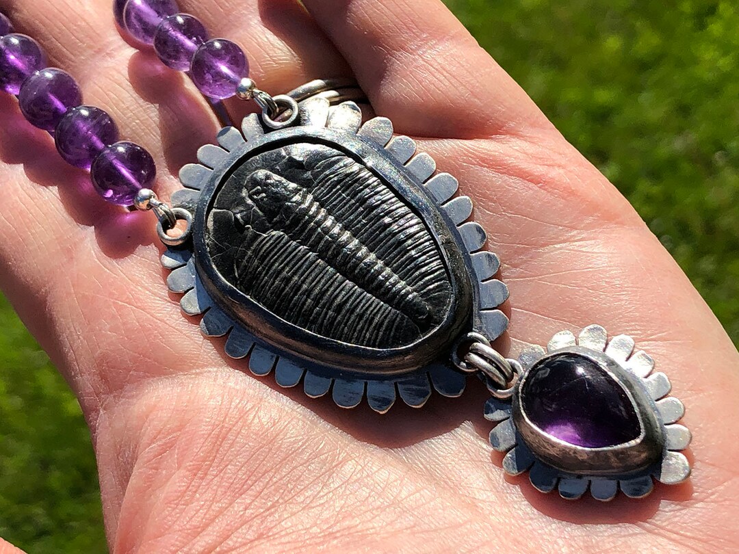 Pendentif Artisanal En Argent Sterling Avec Ammonite Et Trilobite - Design Unique, Pierres Naturelles