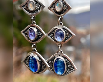 The All-Seeing Being Earrings. Primitive, Raw, Organic, Earthy, Blue, Eyes, Wabi Sabi, Long, Supernatural, Evil Eye, Gypsy, Hippie