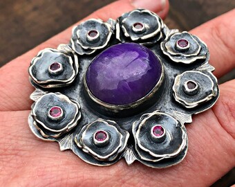 Sugilite Flower Cluster Ring. Artisan Sterling Silver, Garnet. Large, Purple, Primitive, Tribal, Organic, Raw, Boho, Amulet, Talisman.