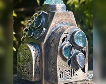 Abandoned Faith Lantern Locket. Temple, Spiritual Healing, Enlightenment, Raw, Organic, Earthy, Wabi Sabi, Boho, Bohemian, Blue, Hebrew.