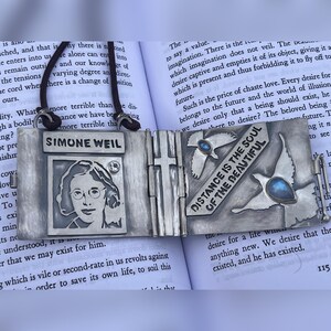 Simone Weil Book Locket. God, Enlightenment, Prayer, Spiritual, Wisdom, Friendship, Devotion, Cross, Sacrifice, Christianity, Bird. image 4