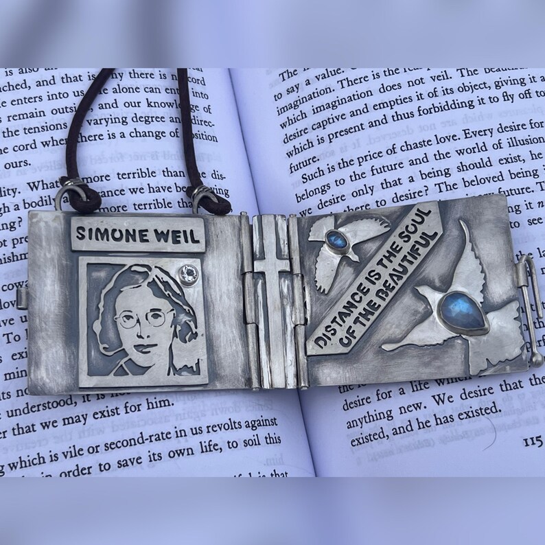 Simone Weil Book Locket. God, Enlightenment, Prayer, Spiritual, Wisdom, Friendship, Devotion, Cross, Sacrifice, Christianity, Bird. image 4