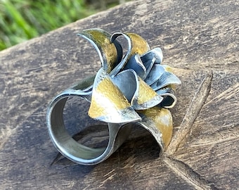 Keum Boo Rose Ring. Fine and Sterling Silver, Gold. Primitive, Raw, Organic, Tribal, Wabi Sabi, Boho, Bohemian, Gypsy, Flower.