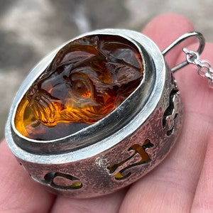 The Alchemist Cat Lantern Locket. Sterling Silver, Baltic Amber. Primitive, Raw, Organic, Earthy, Wabi Sabi, Darkness, Light, Boho, Bohemian image 4