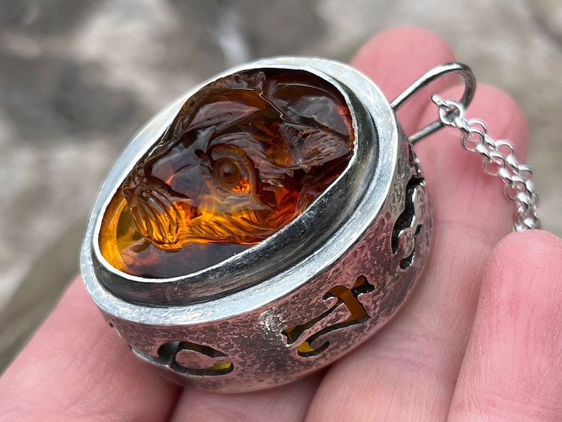 The Alchemist Cat Lantern Locket. Sterling Silver, Baltic Amber. Primitive, Raw, Organic, Earthy, Wabi Sabi, Darkness, Light, Boho, Bohemian image 4