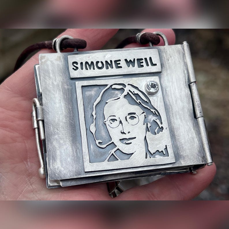 Simone Weil Book Locket. God, Enlightenment, Prayer, Spiritual, Wisdom, Friendship, Devotion, Cross, Sacrifice, Christianity, Bird. image 1