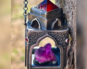Birdhouse Gothic Oriental Pendant. Raw, Organic, Boho, Bohemian, Bird, Sterling Silver, Amethyst, Garnet, Ruby, Purple, Red
