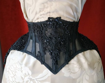Waspie "Black Petunia". Gothic Victorian Lingerie Wedding waspie waist cincher corset with taffeta, lace, mesh and beads