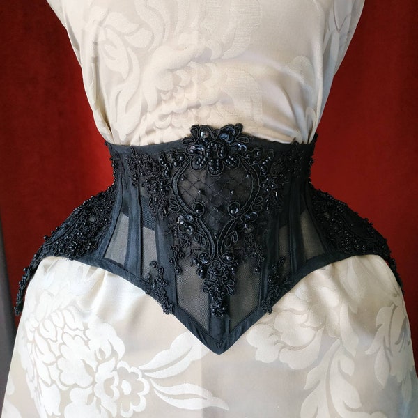 Corpete modelador de cintura de vespa "Petúnia Negra". Lingerie gótica vitoriana para casamento, com tafetá, renda, malha e miçangas.