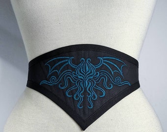 Waist-belt "Cthulhu". Gothic goth black cotton corset waist-belt, embroidered. Adjustable & Light boned.