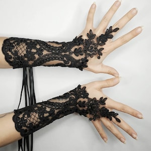 Gloves "Camarilla". Gothic goth elegant vampire black lace gloves, corseted on back with eyelets and ribbon. Fingerless gloves, burlesque