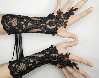 Gloves "Camarilla". Gothic goth elegant vampire black lace gloves, corseted on back with eyelets and ribbon. fingerless gloves, burlesque