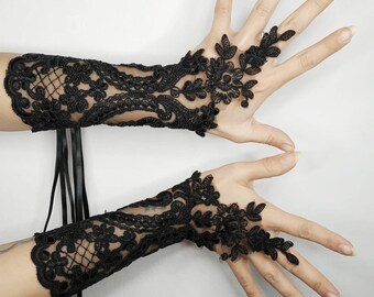 thumbnail image 2 of L'VOW Gothic Black Lace Gloves For Women - Vampire & Witch Gloves - Halloween, One Pair (Black 2 of 13