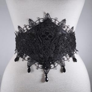 Waist-belt &quot;Anemone&quot;. Gothic mesh corset waist-belt with luxury lace, macramé and black glass teardrops. Adjustable & Light boned.