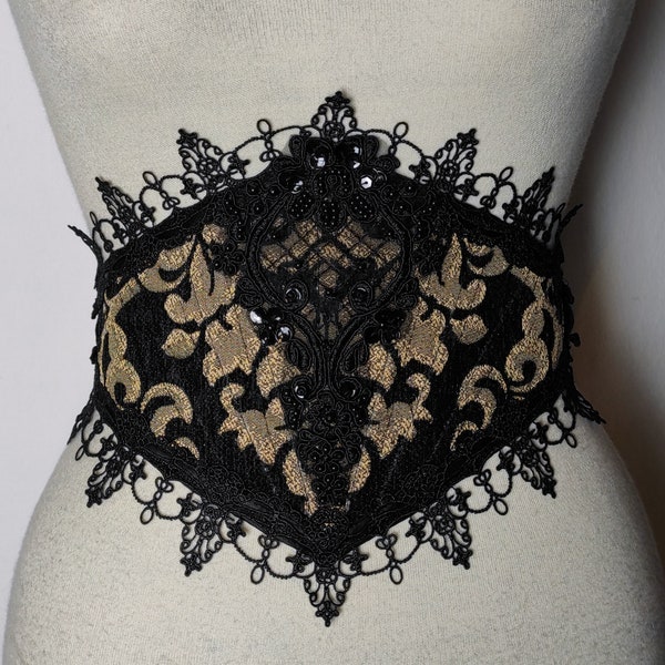 Waist belt "Royal". Gothic black and gold brocade corset waist-belt with luxury lace and macramé. Adjustable & Light boned.