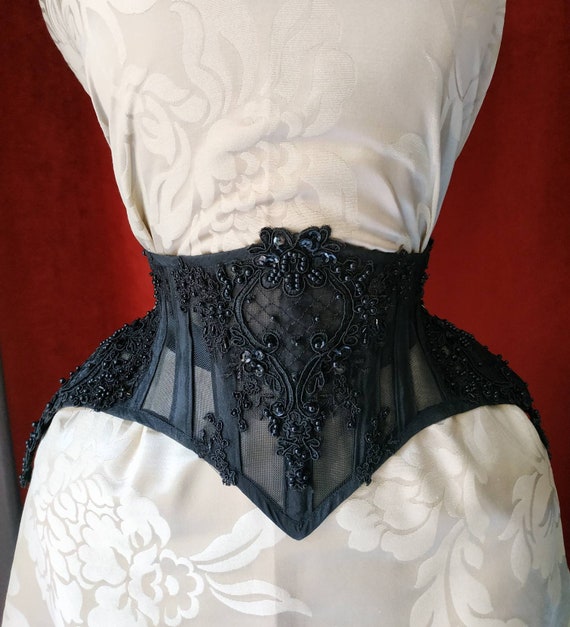 Waspie black Petunia. Gothic Victorian Lingerie Wedding Waspie Waist Cincher  Corset With Taffeta, Lace, Mesh and Beads -  Canada