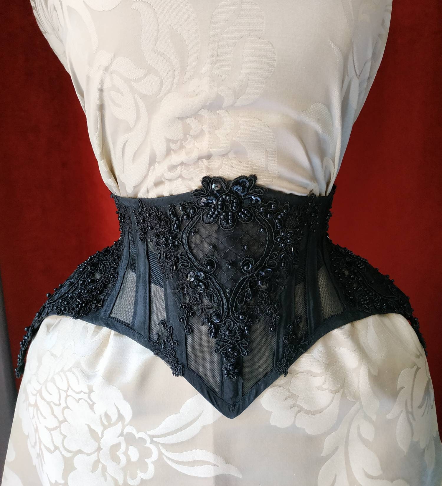 Waspie black Petunia. Gothic Victorian Lingerie Wedding Waspie Waist  Cincher Corset With Taffeta, Lace, Mesh and Beads 