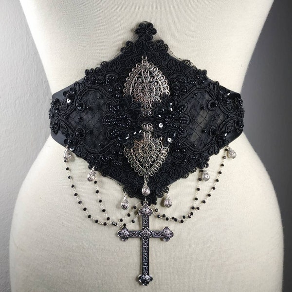 Waist belt "Crux". Gothic waist-belt with beaded lace. Decorated with metallic drops, cross and Swarovski chains. Adjustable & Light boned.