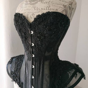 Corset &quot;Black Orchid&quot;. Gothic Victorian Lingerie wedding black Corset with duchesse satin, lace, mesh and beads