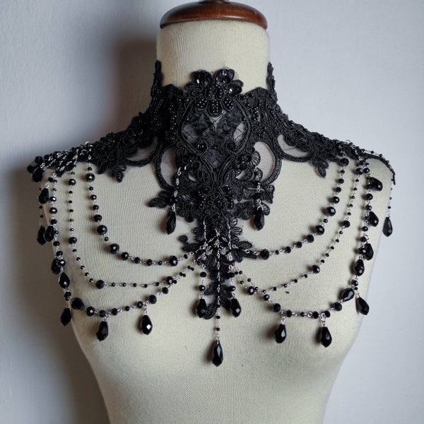 "Dark queen" shoulder-piece choker. Black beaded luxury lace and handmade black icing drop chains