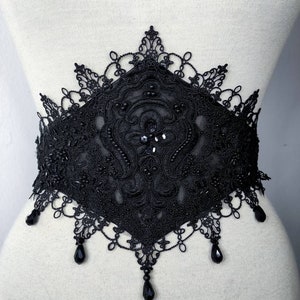 Waist-belt "Anemone". Gothic mesh corset waist-belt with luxury lace, macramé and black glass teardrops. Adjustable & Light boned.