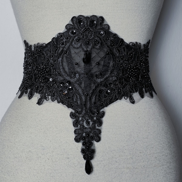 Waist belt "Datura". Gothic mesh corset waist-belt with beaded luxury lace and black glass teardrops. Adjustable & Light boned.