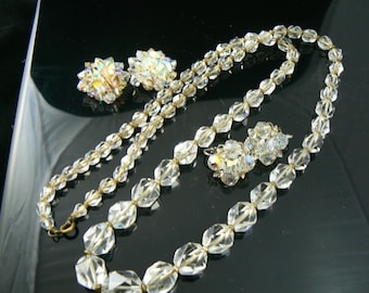 Heavy Faceted Glass Necklace and 2 sets of Matching Earrings  Unique vintage, antique, costume and estate jewelry.