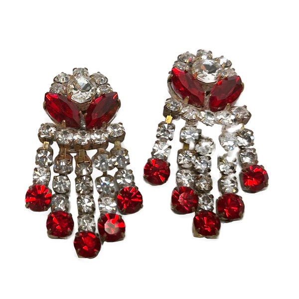 Czech Glass Husar D Red and Clear Clip Earrings