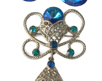 Blue rivoli filigree demi parure  Unique vintage, antique, costume and estate jewelry.