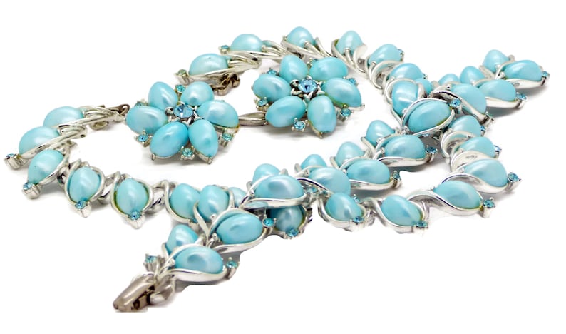 Necklace Bracelet and Earrings Vintage Lisner Sky Blue Thermoset Rhinestone Parure