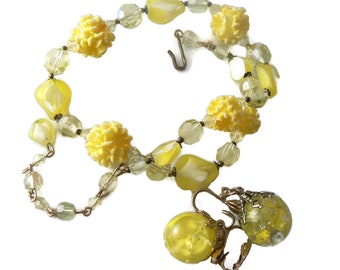 Vintage Necklace Choker Cracked Earring Glass Crystal Beads Givre Yellow  Unique vintage, antique, costume and estate jewelry.
