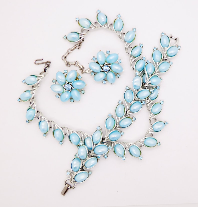 Necklace Bracelet and Earrings Vintage Lisner Sky Blue Thermoset Rhinestone Parure