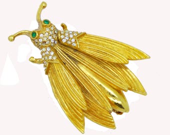 Vintage Gold Tone Rhinestone Trembler Winged Insect Bug Brooch