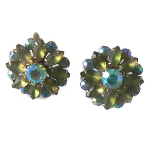 Coro Frosted Green Marquis & Aurora Borealis Earrings  Unique vintage, antique, costume and estate jewelry.