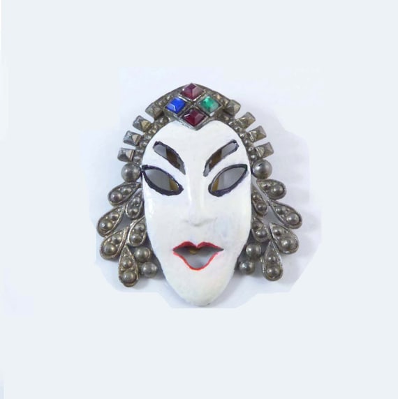 Antique Dress Clip Asian White Painted Face on Pot Metal, Rhinestone View 2