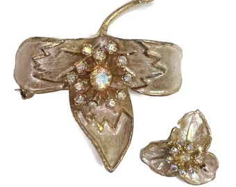 Vintage Brushed Gold BSK Flower Brooch and Lapel Pin