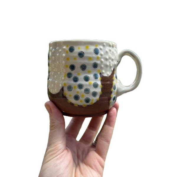 White, teal and yellow textured terracotta ergonomic mug handmade in Michigan