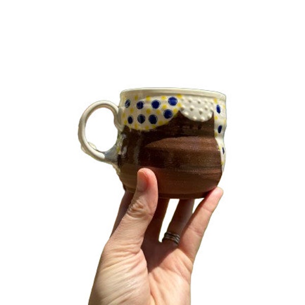 White, Blue and yellow textured terracotta ergonomic mug handmade in Michigan