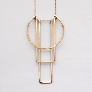 Architectural Art Deco Necklace, Geometric 14K Gold Fill or Sterling Silver Pendant, Sculptural Modernist Jewelry