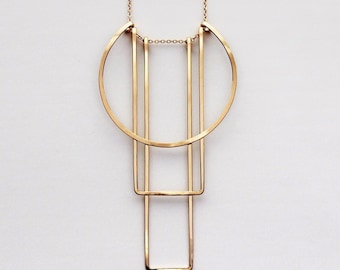 Architectural Art Deco Necklace, Geometric 14K Gold Fill or Sterling Silver Pendant, Sculptural Modernist Jewelry