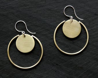 Brass Circle Earrings, Matte Finish, Eloria, L.Greenwalt Jewelry, Silver and Brass Disc, gold and silver, hoop earrings, geometric, modern